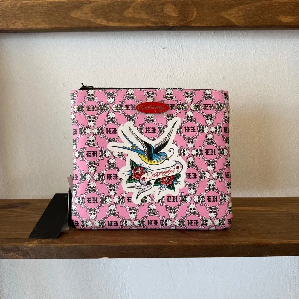 Ed Hardy Pink Skull Print Wristlet Pouch Swallow Rhinestone Y2K NWT Vegan Leathe